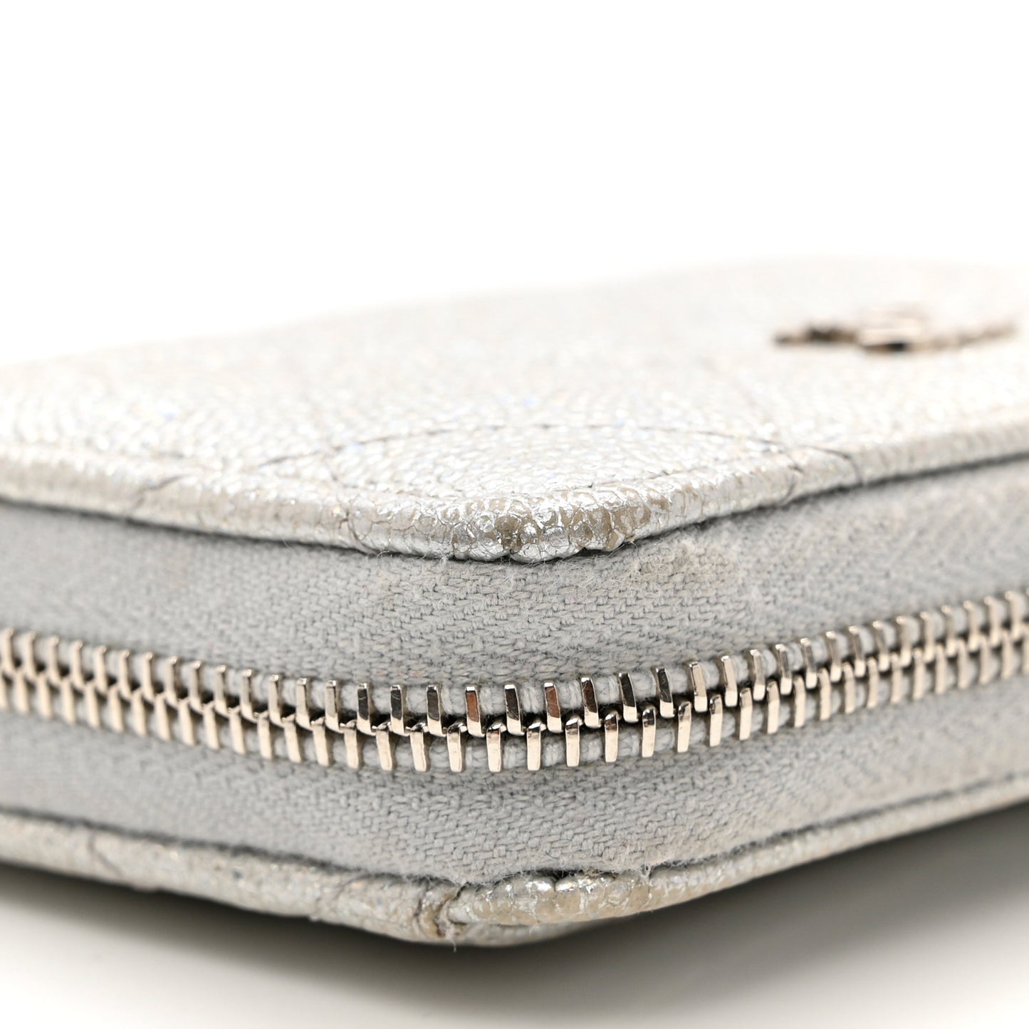 Glittered Metallic Caviar Quilted Zip Coin Purse Wallet Silver
