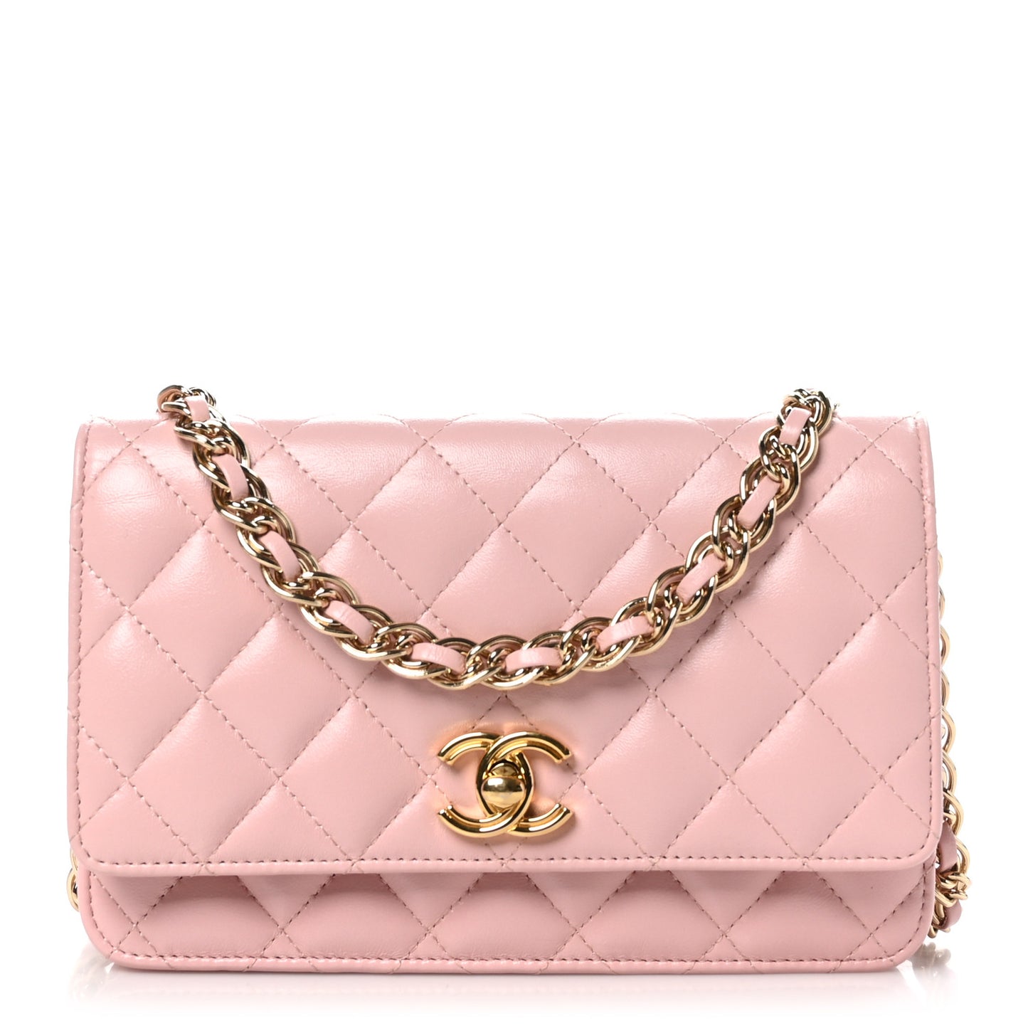 Shiny Lambskin Quilted Golden Links Wallet On Chain WOC Light Pink