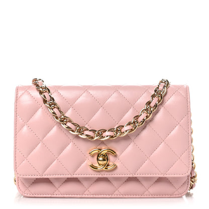 Chanel Shiny Lambskin Quilted Golden Links Wallet On Chain WOC Light Pink 1 of 11