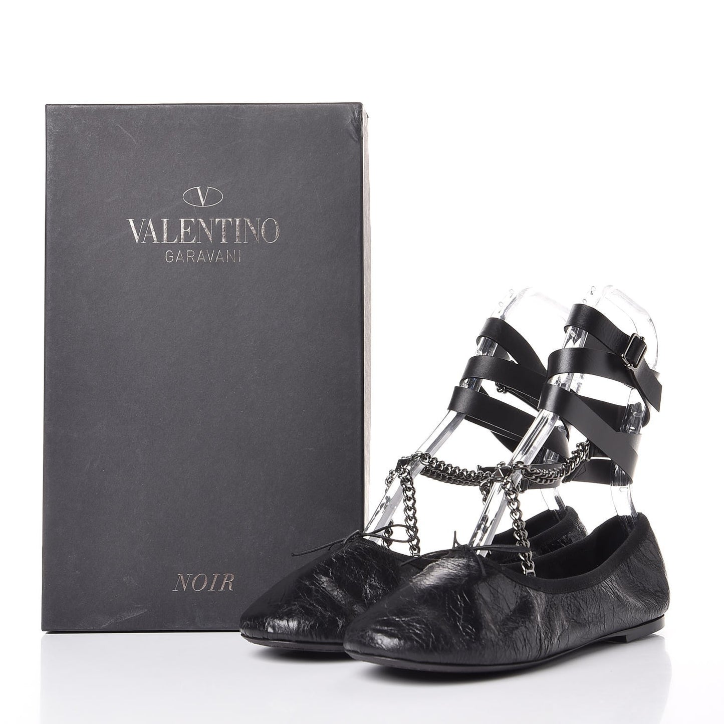 Crackled Calfskin Rockstud Chain Ankle Ballerina Flats 39 Black