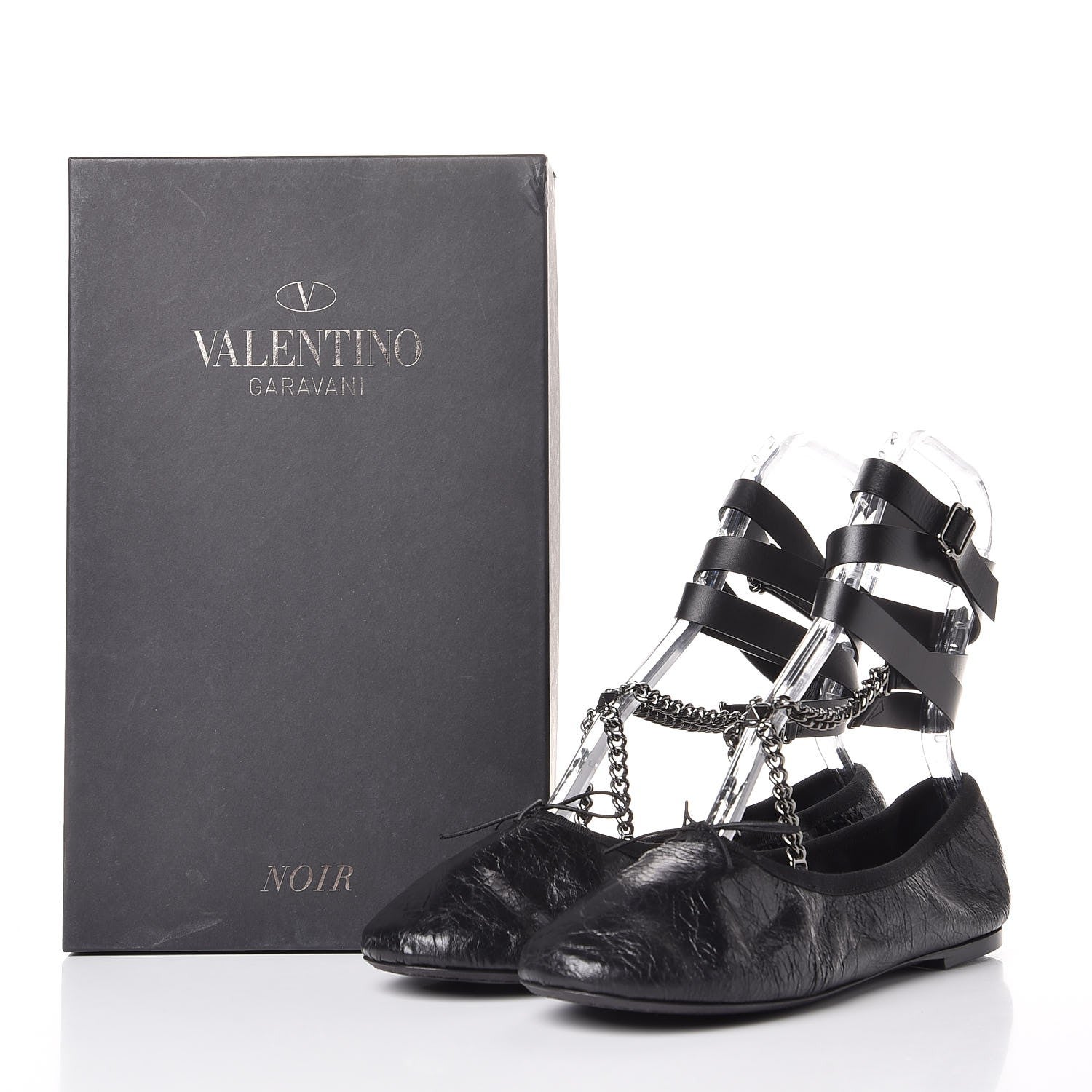Valentino Garavani Crackled Calfskin Rockstud Chain Ankle Ballerina Flats 39 Black 14 of 14