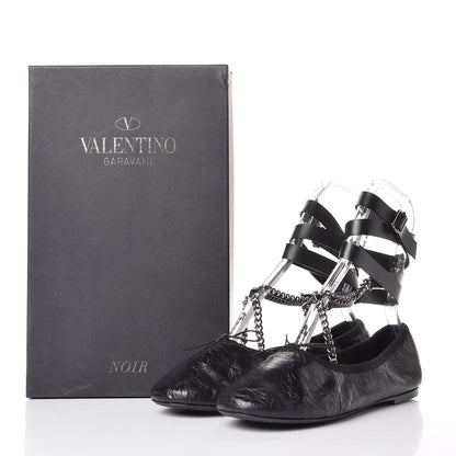 Valentino Garavani Crackled Calfskin Rockstud Chain Ankle Ballerina Flats 39 Black 14 of 14