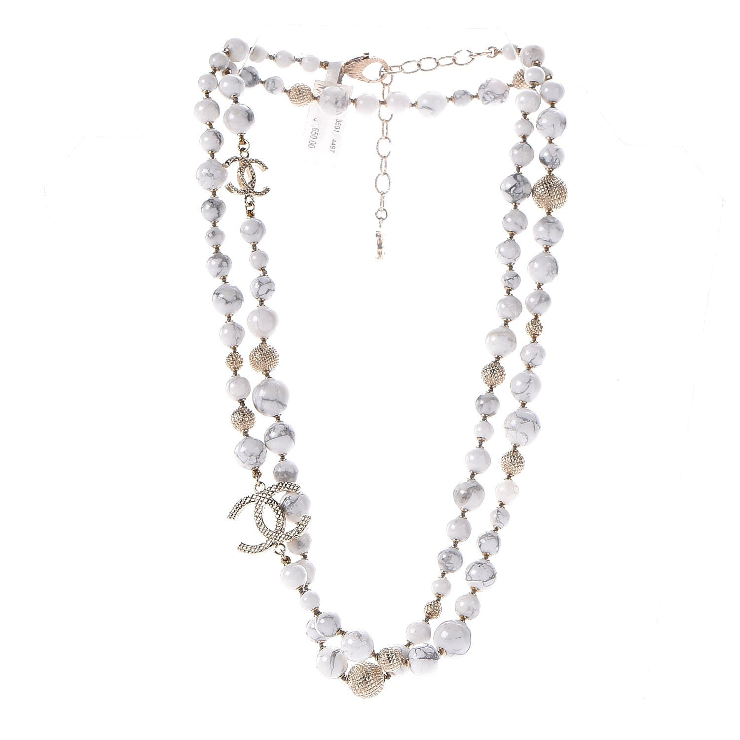Chanel Marble Beaded CC Long Necklace Gold White 3 of 5