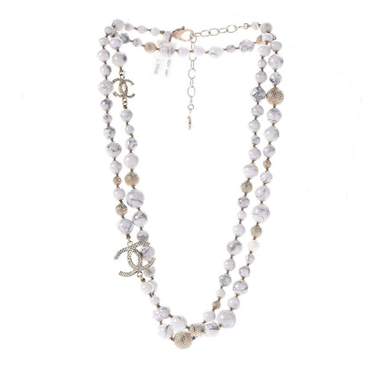 Chanel Marble Beaded CC Long Necklace Gold White 3 of 5