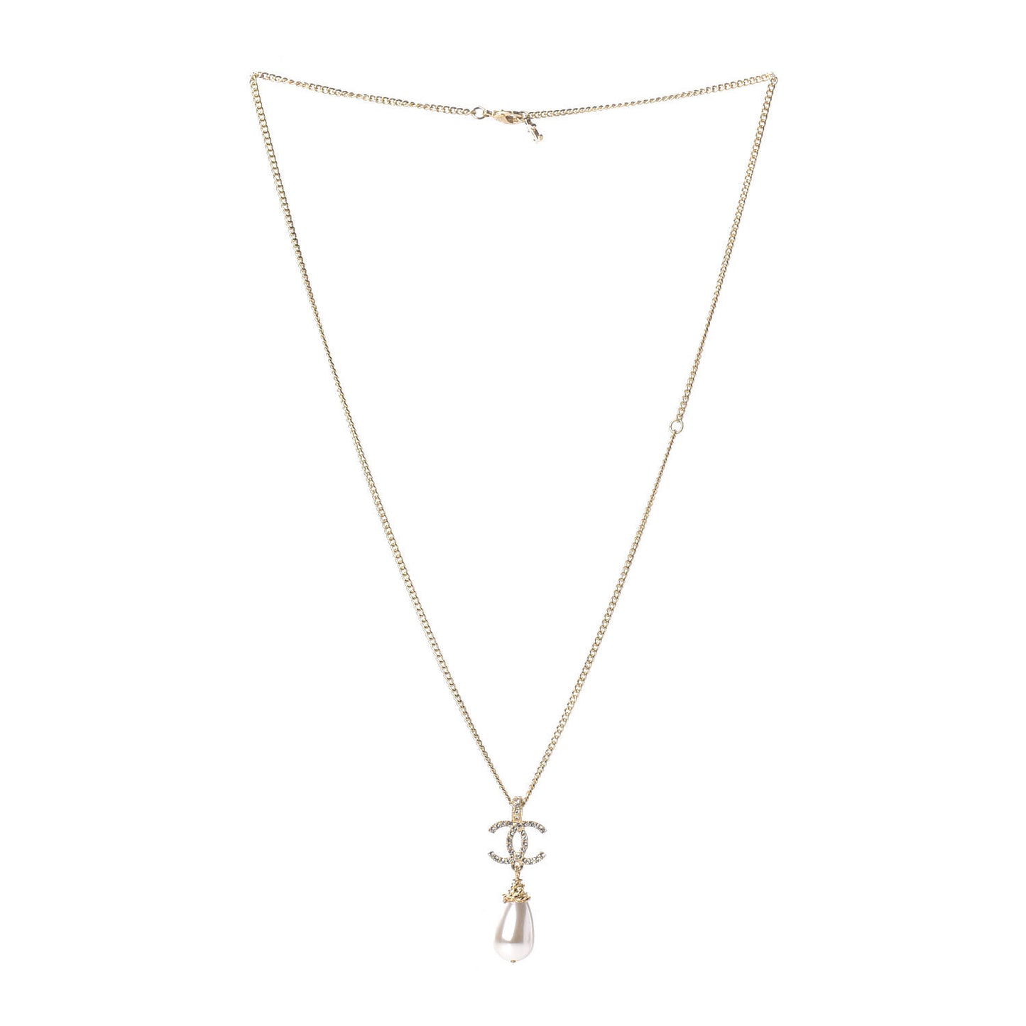 Pearl Crystal Twisted CC Drop Necklace Gold