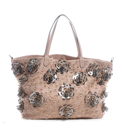 Valentino Garavani Leather Sequin Beaded Floral Applique Tote Camel 1 of 7