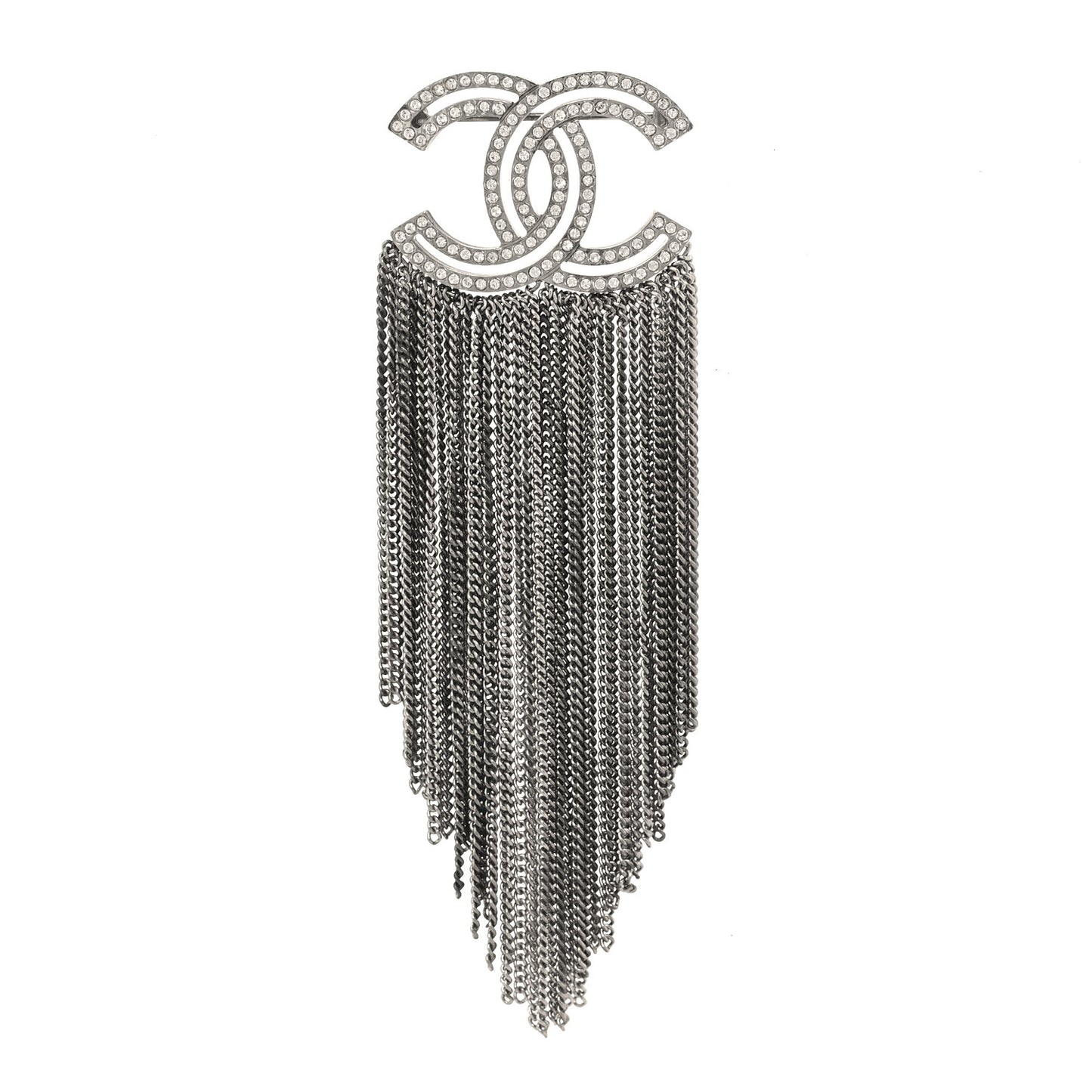 Crystal Chain Fringe CC Brooch Silver