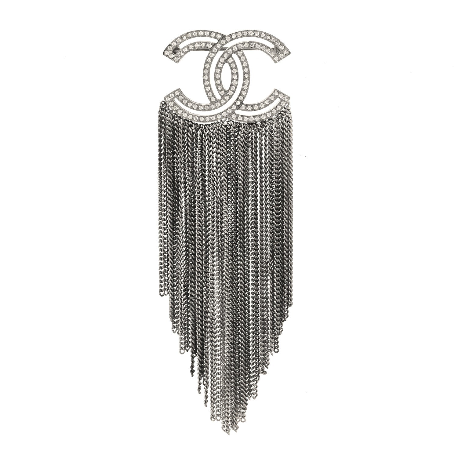 Chanel Crystal Chain Fringe CC Brooch Silver 1 of 4
