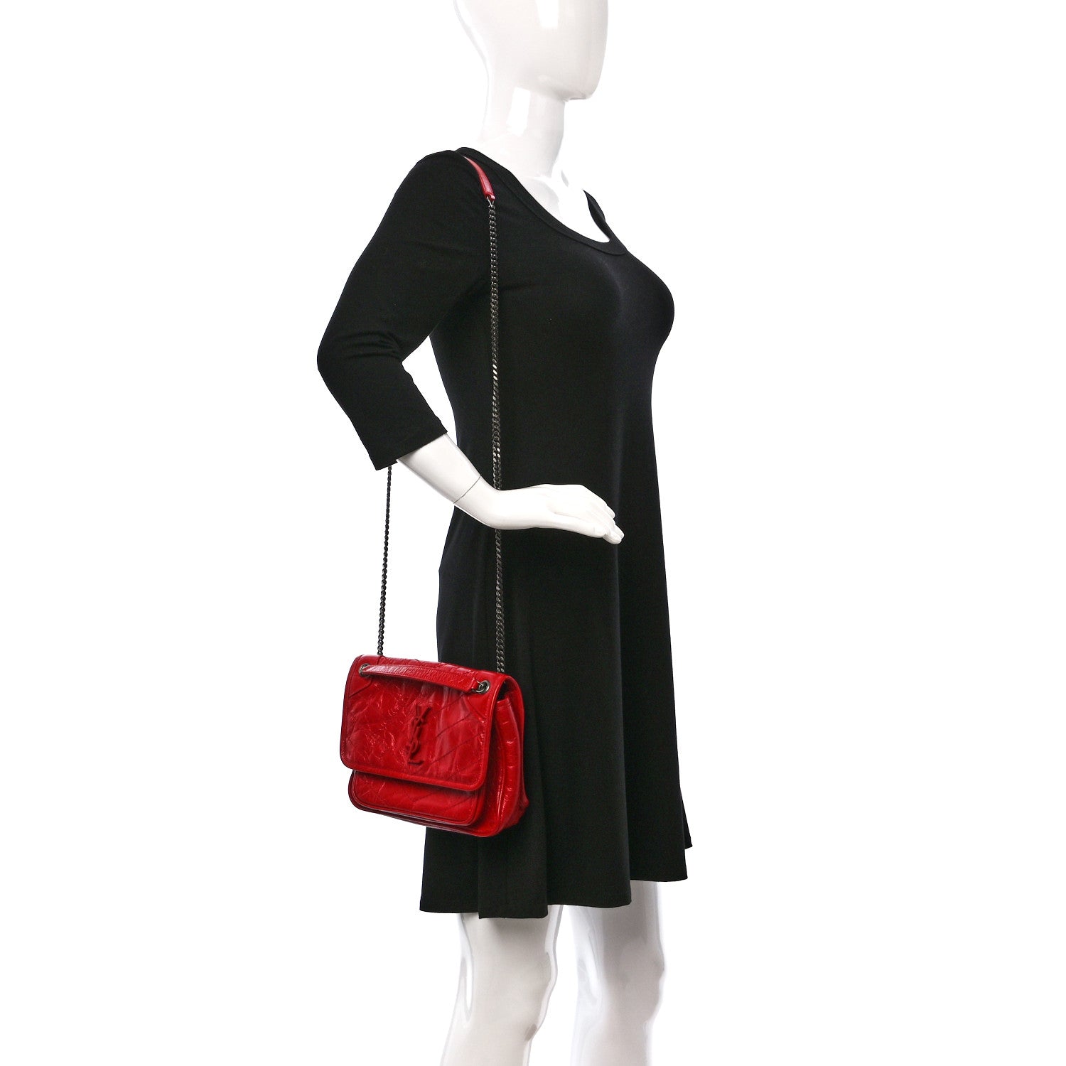 Saint Laurent Crinkled Calfskin Matelasse Monogram Baby Niki Chain Satchel Rouge Eros 2 of 8