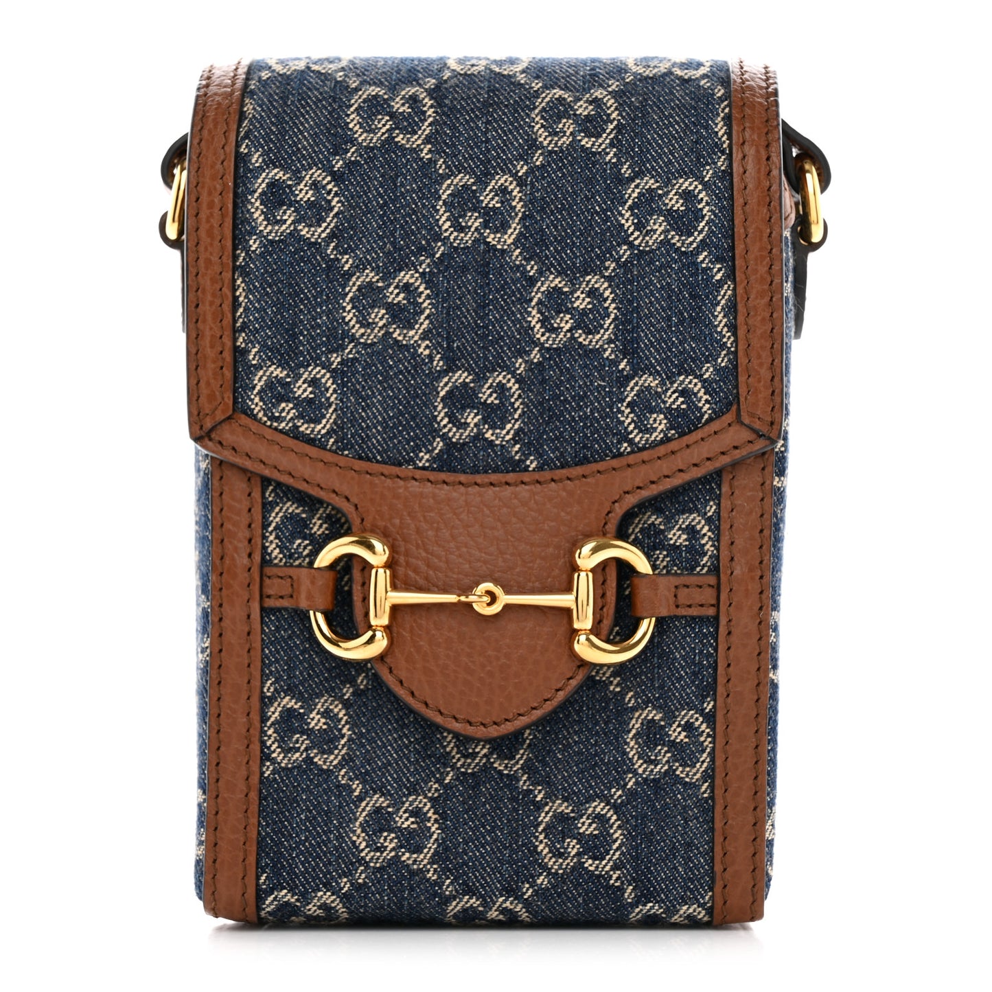 New Denim GG Monogram Dollar Calfskin Mini Horsebit 1955 Crossbody Bag Blue Tea Cuir Epilog