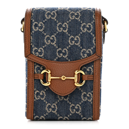 Gucci New Denim GG Monogram Dollar Calfskin Mini Horsebit 1955 Crossbody Bag Blue Tea Cuir Epilog 1 of 11