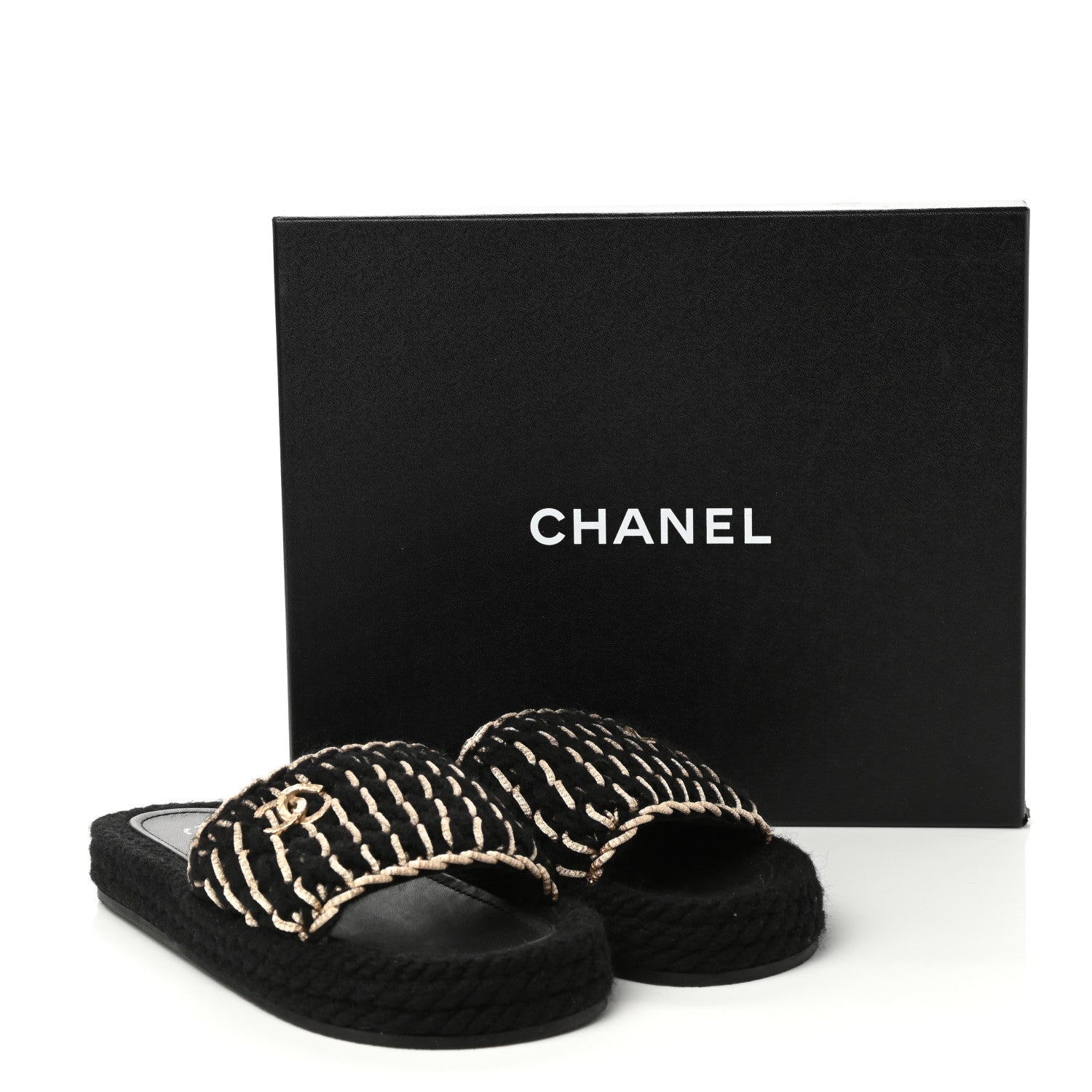 Chanel Braided Knit CC Mules 38 Black Gold 9 of 9