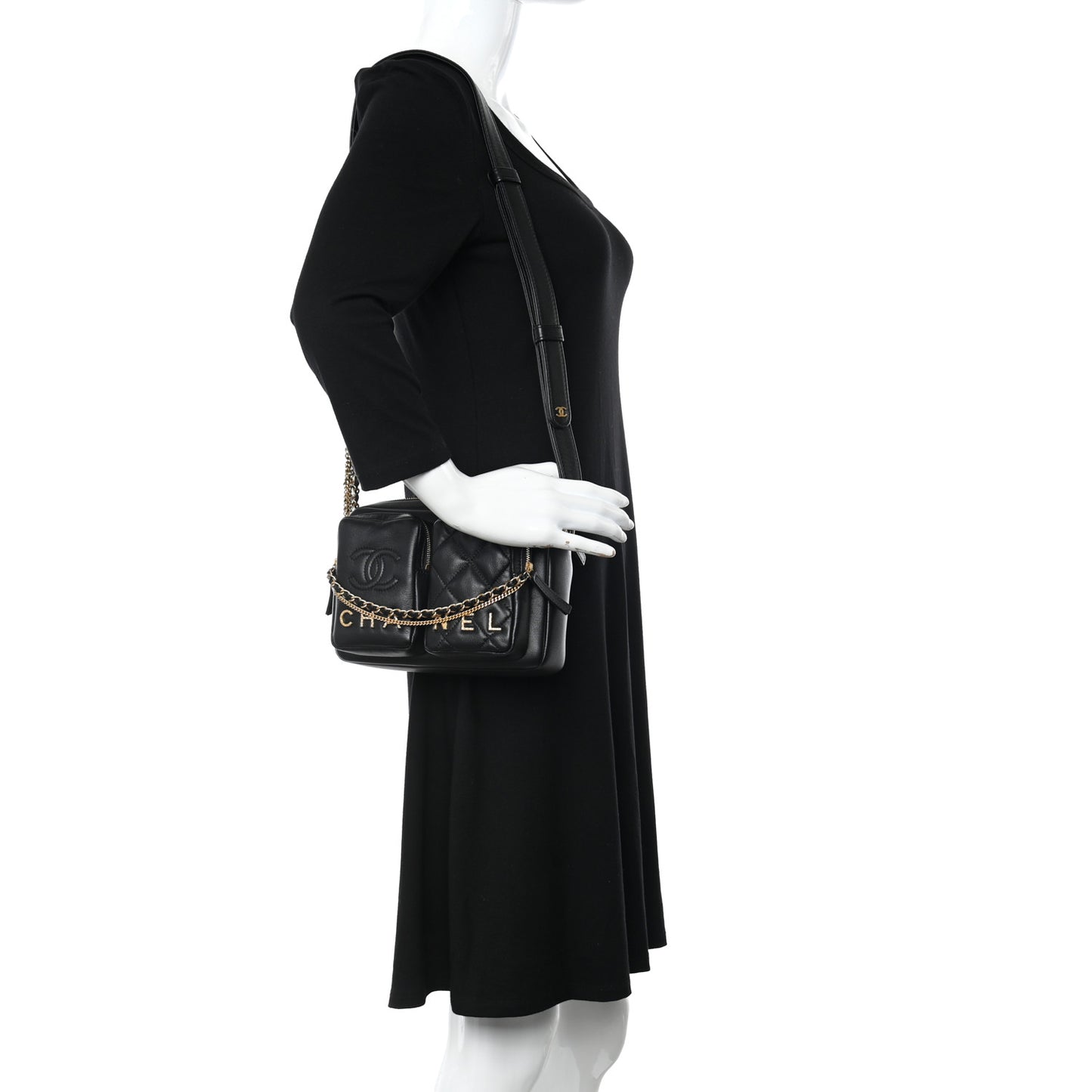 Calfskin Quilted Small Camera Case Black