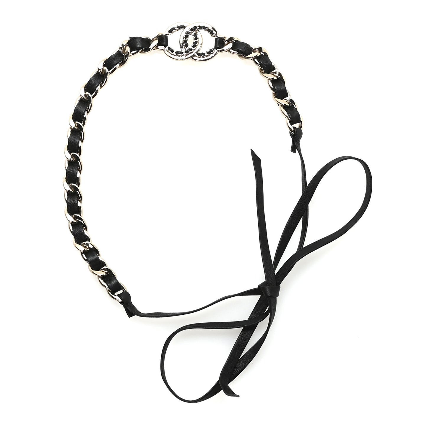 Metal Lambskin CC Chain Tie Headband Gold Black
