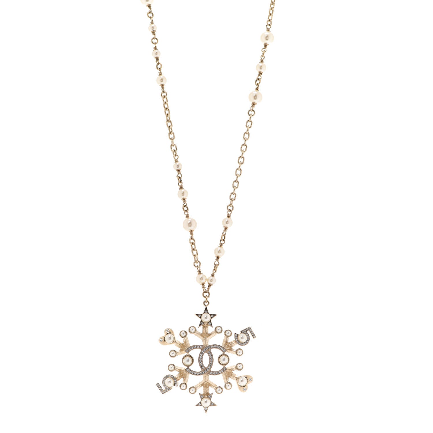 Chanel Crystal Pearl Hearts CC Pendant Necklace Gold 1 of 6
