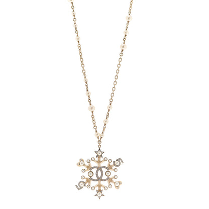 Chanel Crystal Pearl Hearts CC Pendant Necklace Gold 1 of 6