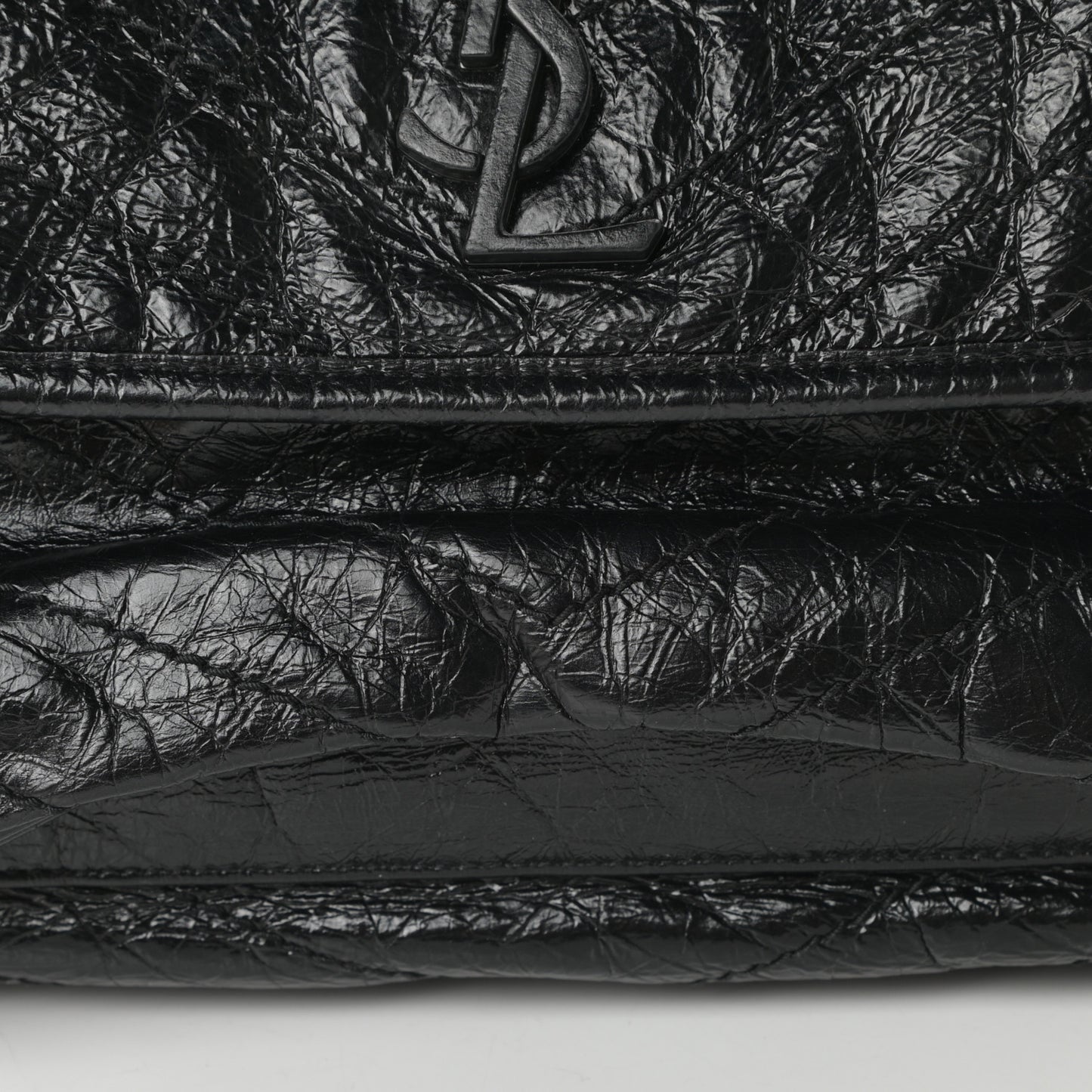 Crinkled Calfskin Matelasse Monogram Large Niki Chain Satchel Black