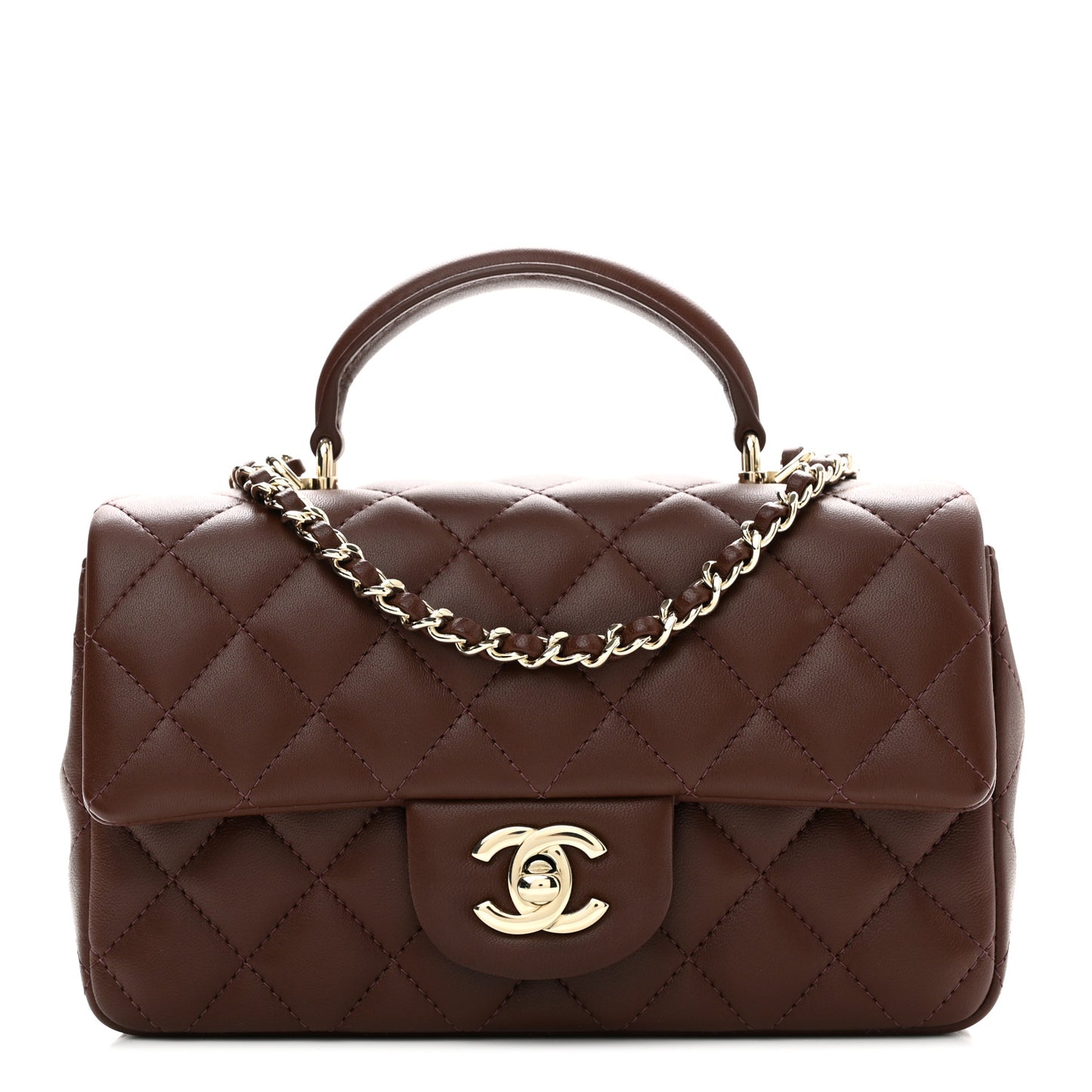 Lambskin Quilted Mini Top Handle Rectangular Flap Dark Brown