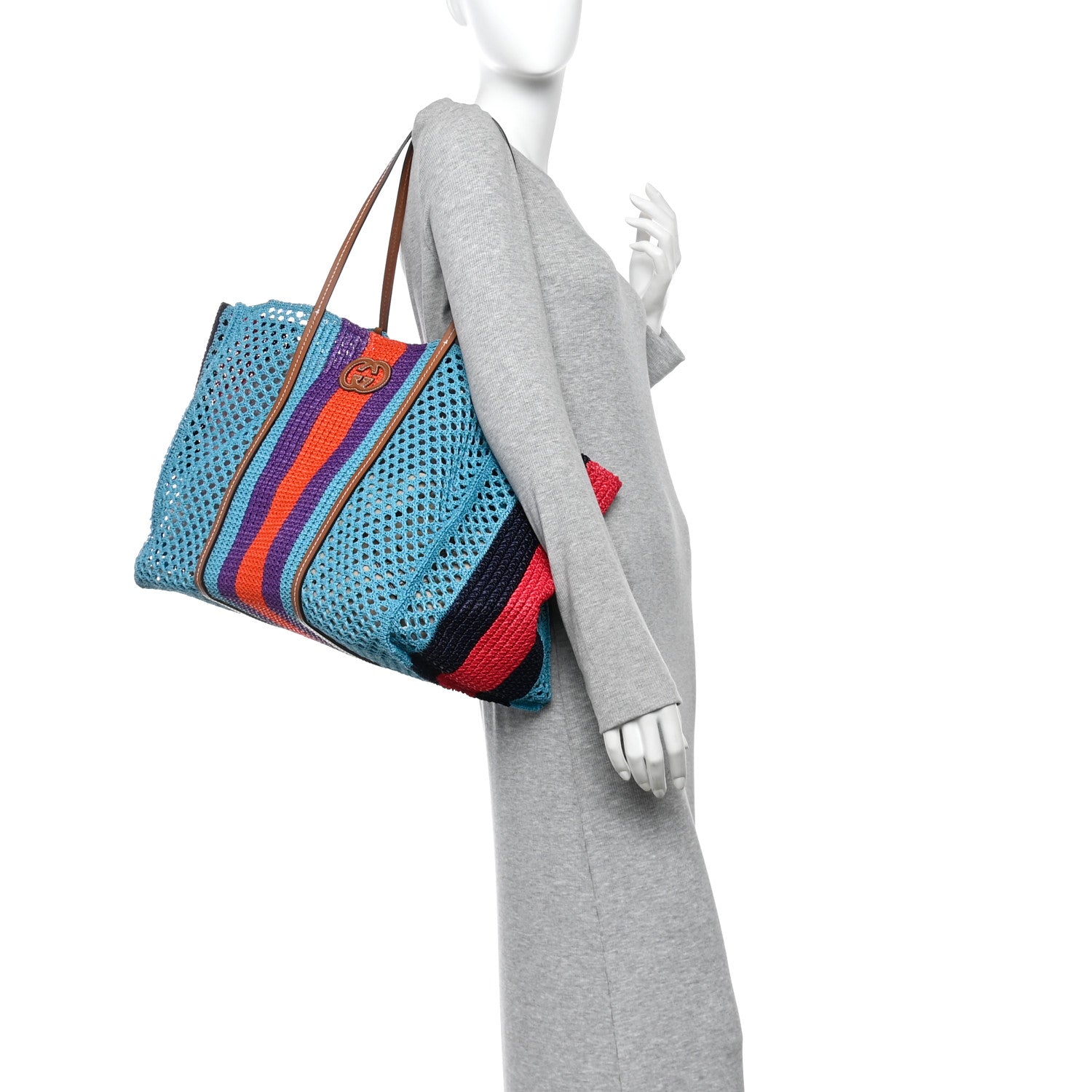 Gucci Raffia Web Woven Interlocking G Tote Blue Multicolor 2 of 10