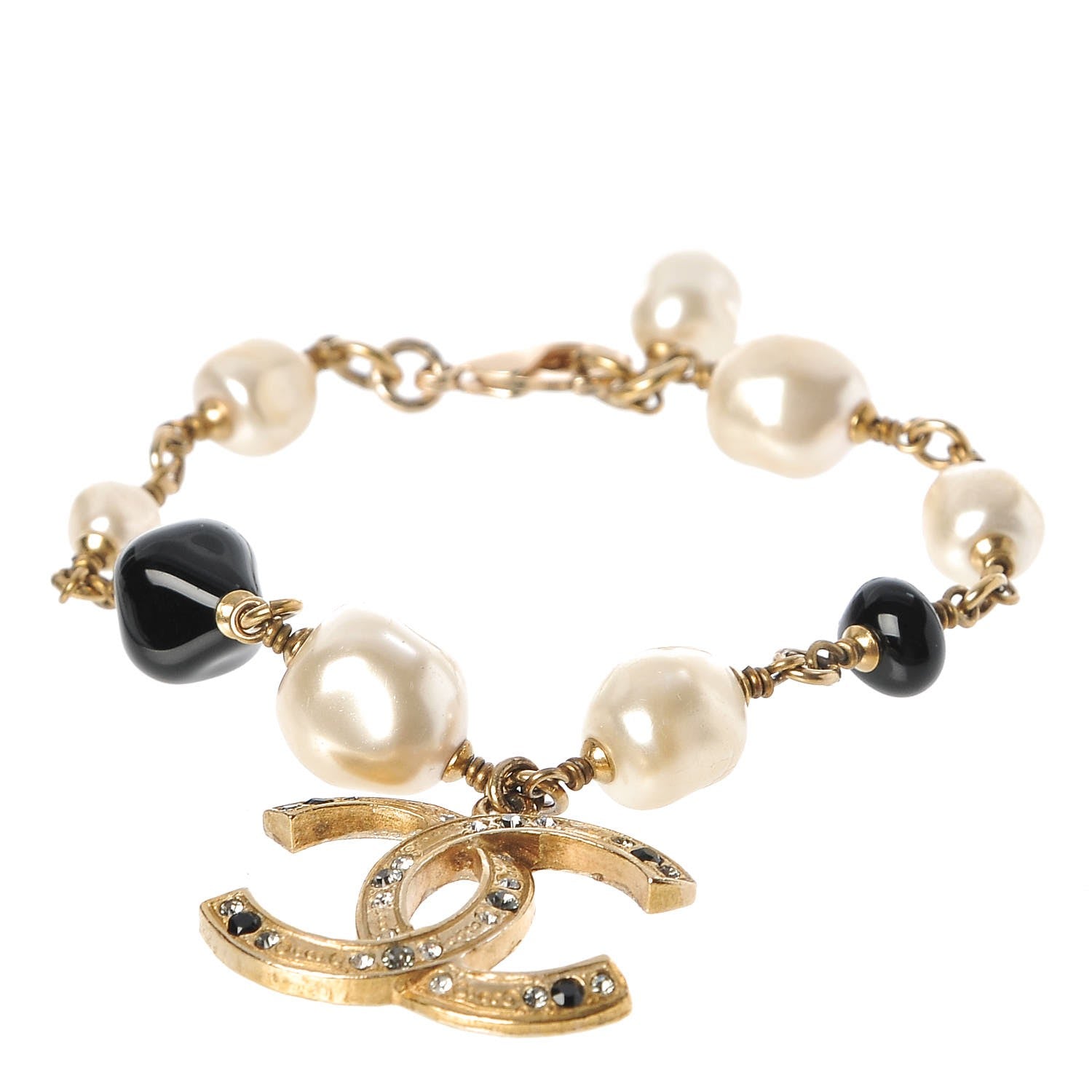 Chanel Pearl Crystal Beaded CC Bracelet Black Gold 1 of 4