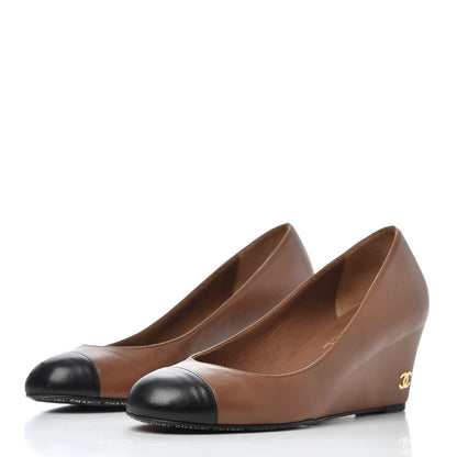 Chanel Lambskin Cap Toe Wedges 36 Brown Black 3 of 21