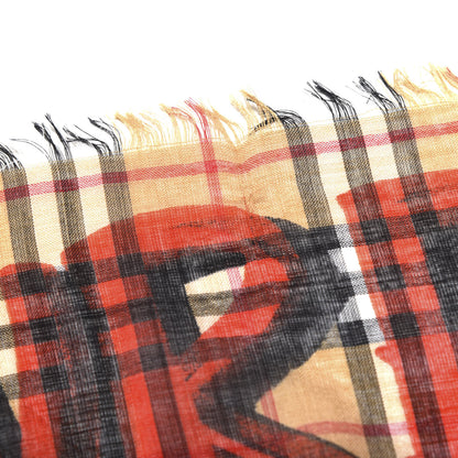 Burberry Wool Silk Check Graffiti Print Large Square Scarf Bright Red 3 of 3