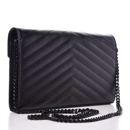 Saint Laurent Grain De Poudre Matelasse Chevron Monogram Chain Wallet Black 3 of 7