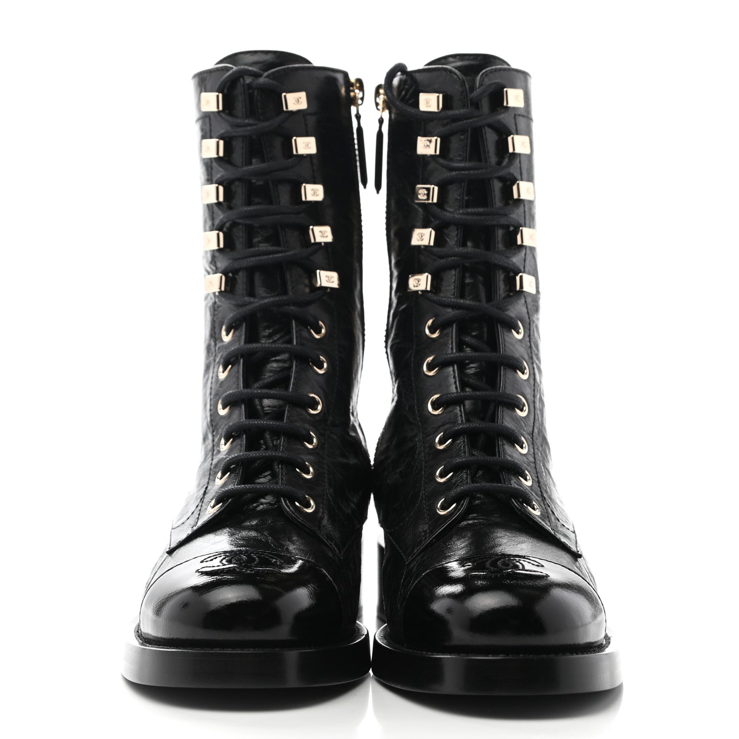 Crumpled Lambskin Shiny Calfskin Lace Up Combat Boots 35.5 Black