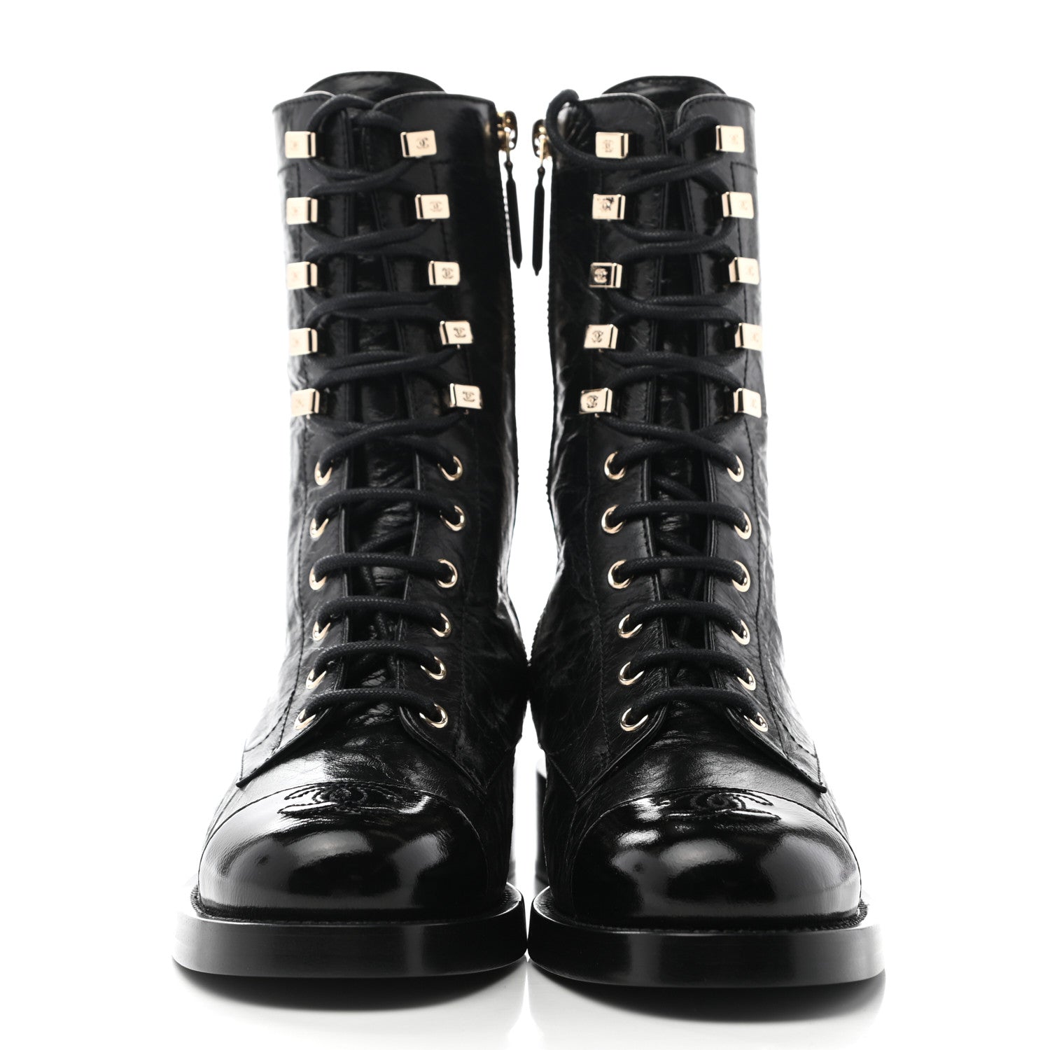 Chanel Crumpled Lambskin Shiny Calfskin Lace Up Combat Boots 35.5 Black 2 of 10