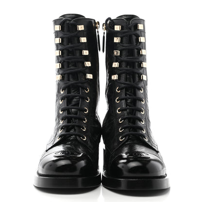 Chanel Crumpled Lambskin Shiny Calfskin Lace Up Combat Boots 35.5 Black 2 of 10