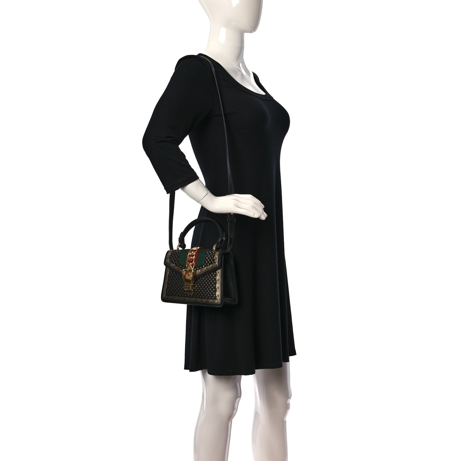 Gucci Calfskin Star Printed Mini Sylvie Top Handle Bag Gold Black 2 of 11