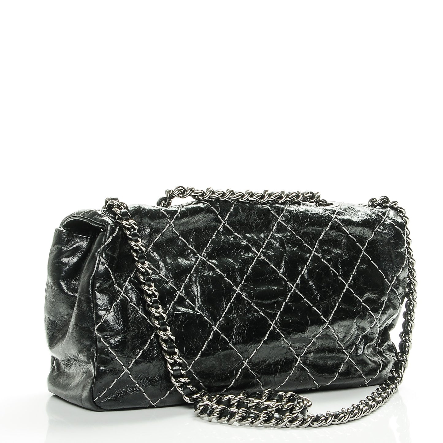 Glazed Goatskin Double Stitch Flap Black