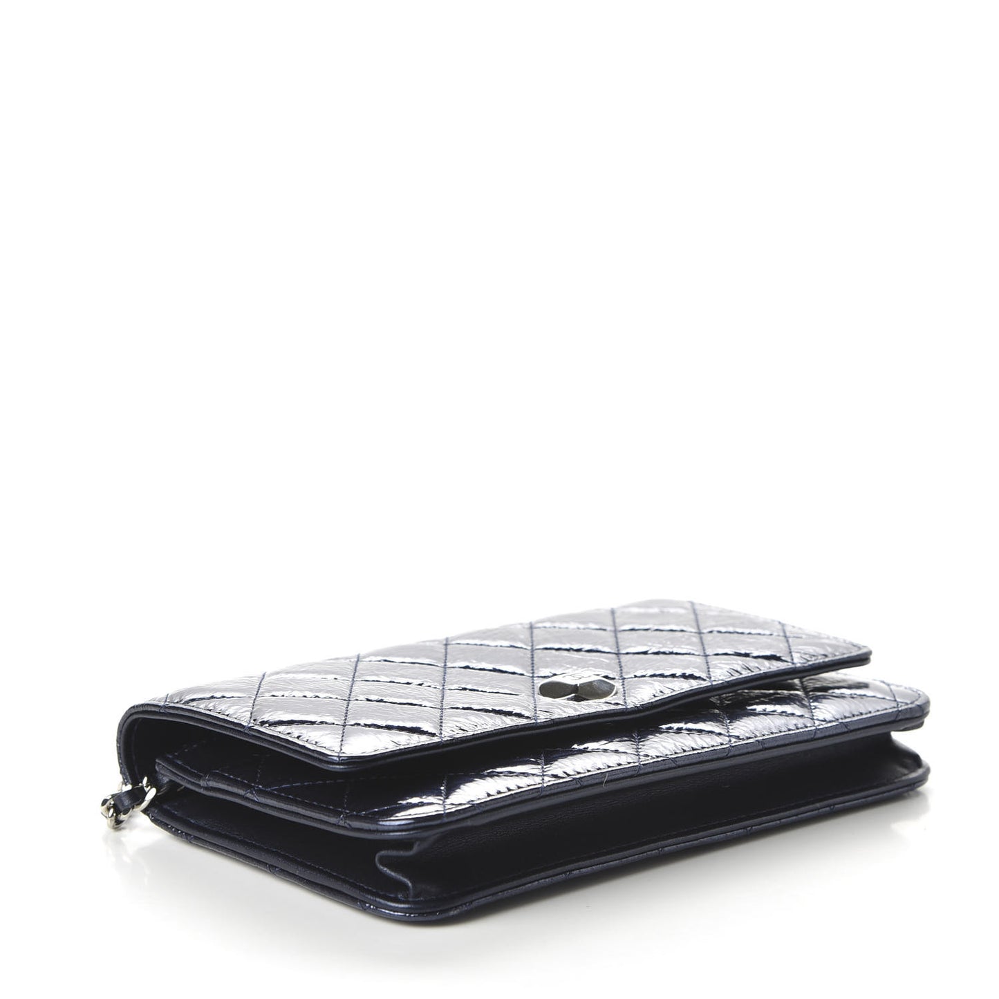 Patent Metallic Crumpled Calfskin Quilted Wallet On Chain WOC Navy