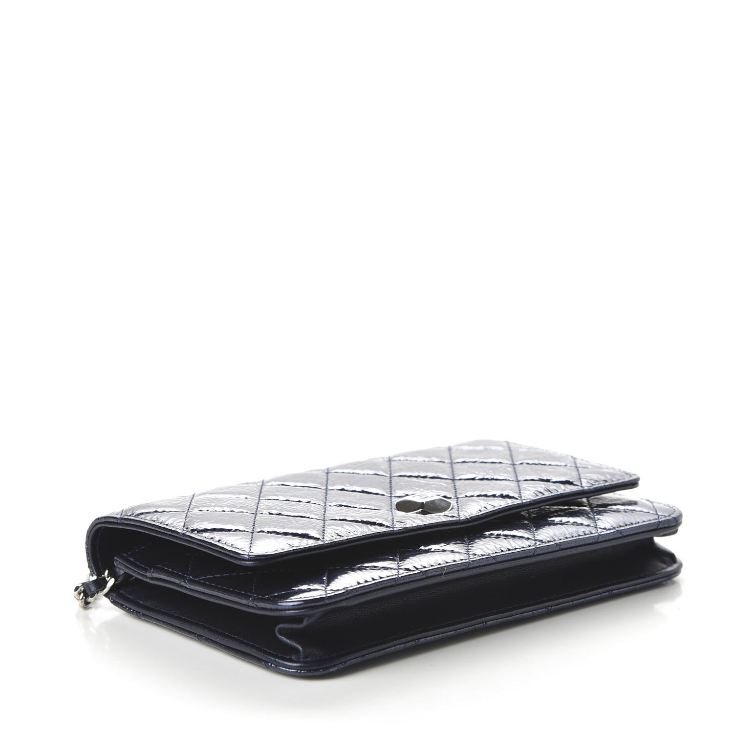 Chanel Patent Metallic Crumpled Calfskin Quilted Wallet On Chain WOC Navy 4 of 12
