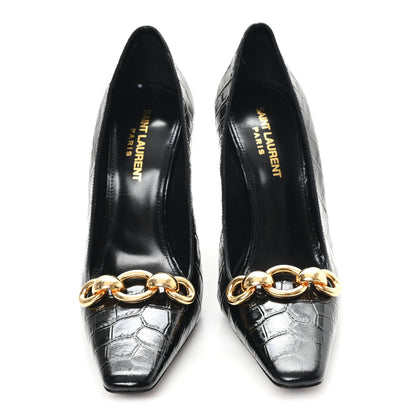 Saint Laurent Calfskin Crocodile Embossed Silvana 110mm Pumps 36.5 Black 3 of 10