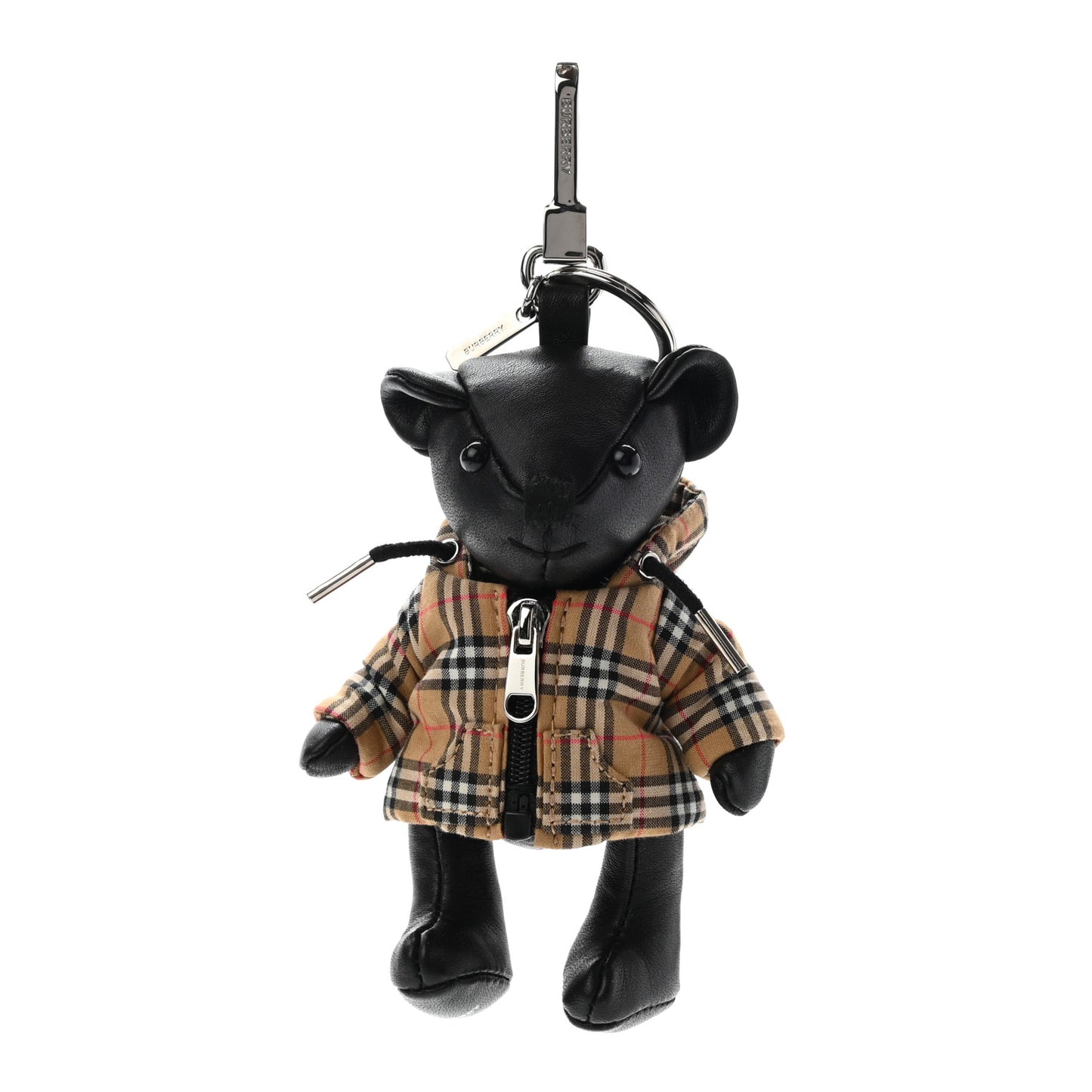 Grained Calfskin Vintage Check Thomas Trench Teddy Bear Keychain Charm Black