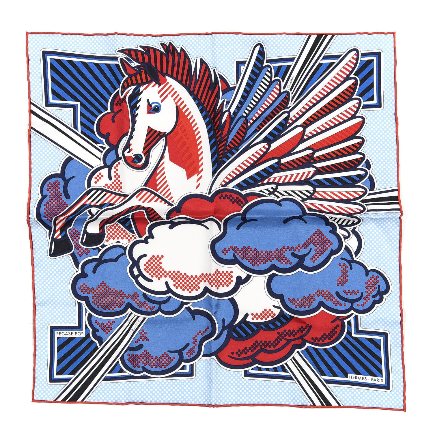 Hermes Silk Pegase Pop Pocket Square Ciel Rouge Bleu Moyen 1 of 5