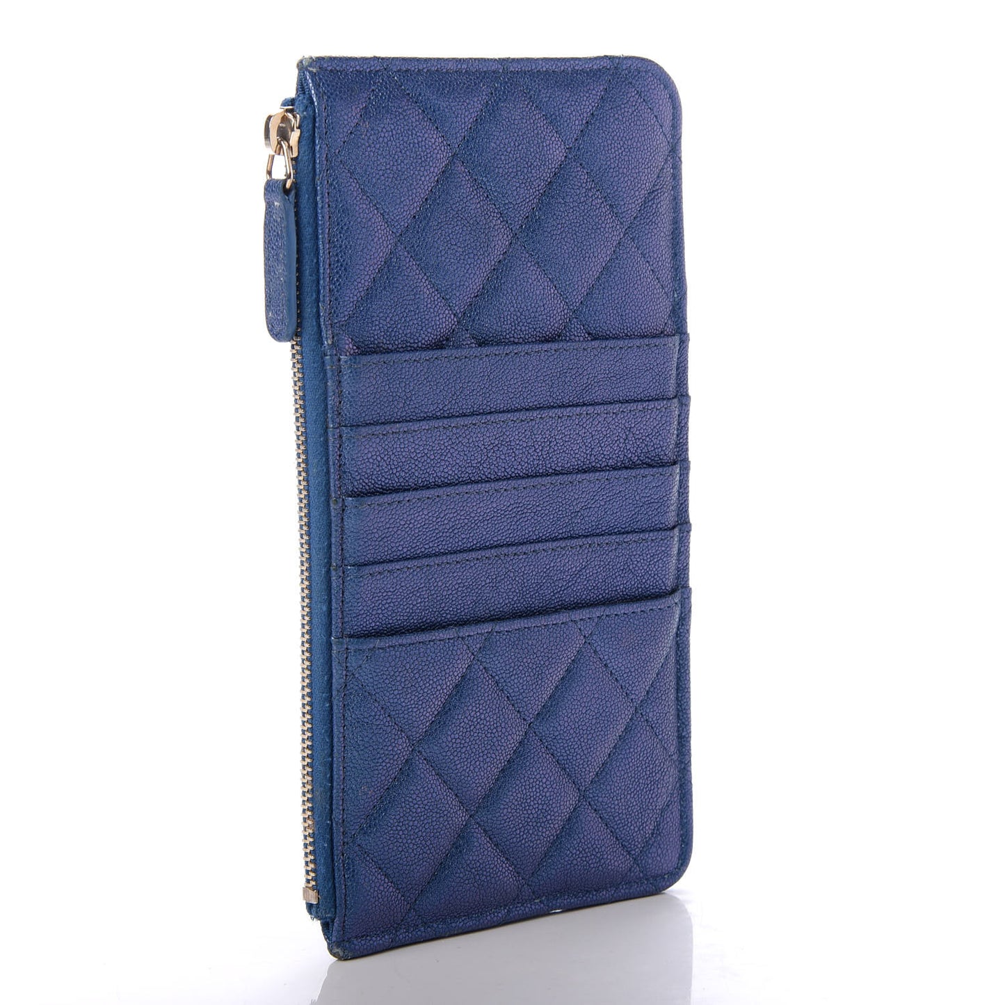 Iridescent Caviar Quilted Classic Flat Wallet Pouch Dark Blue