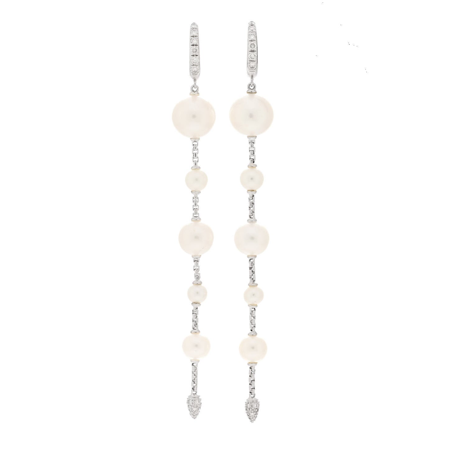 Sterling Silver Diamond Pearl Five Station Pave Drop Earrings