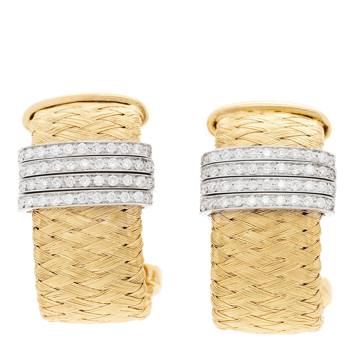 Roberto Coin 18K Yellow White Gold Diamond Primavera Silk Mesh Hoop Earrings 1 of 7