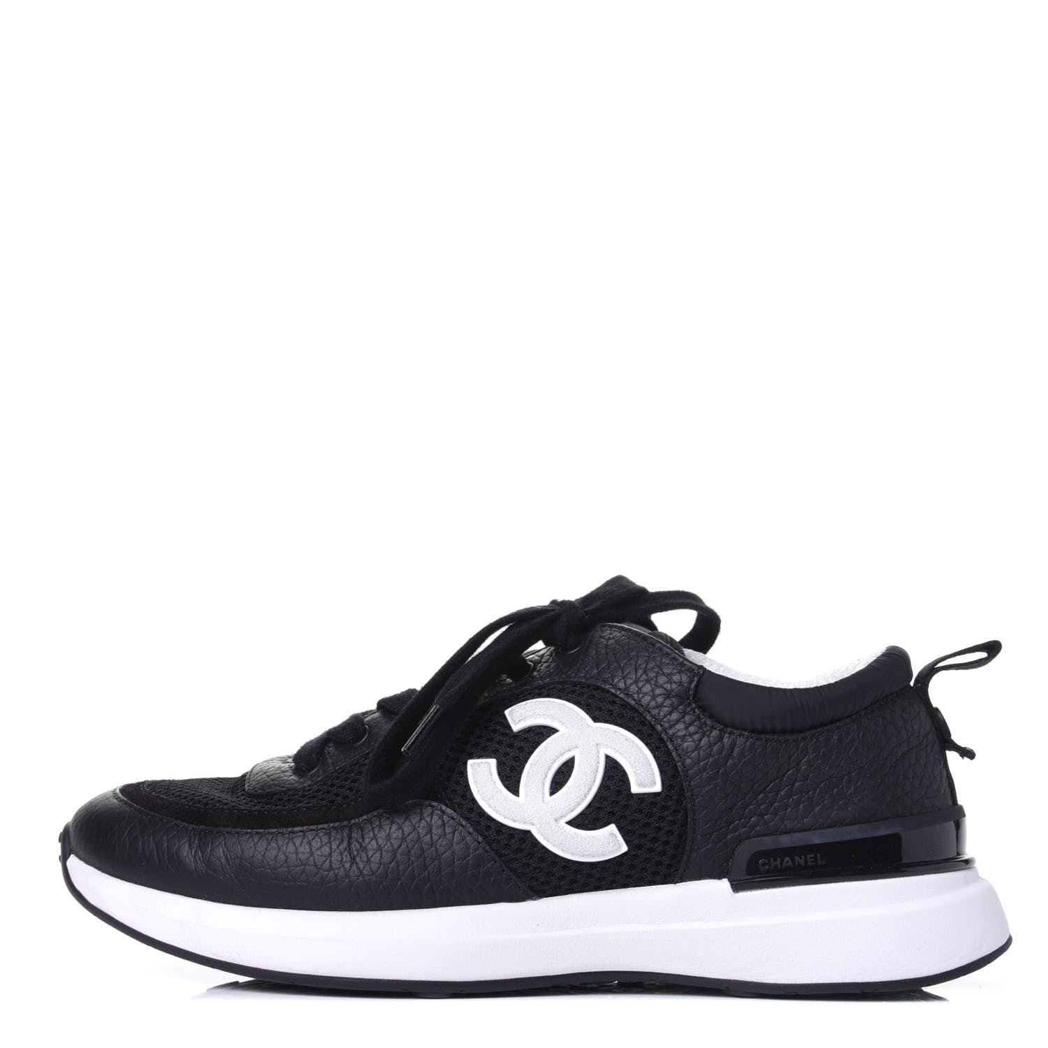 Chanel Calfskin Mesh Lycra Suede Womens Logo Sneakers 37.5 Black 1 of 11