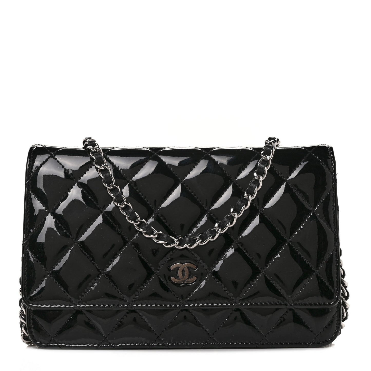 Patent Quilted Wallet On Chain WOC Black