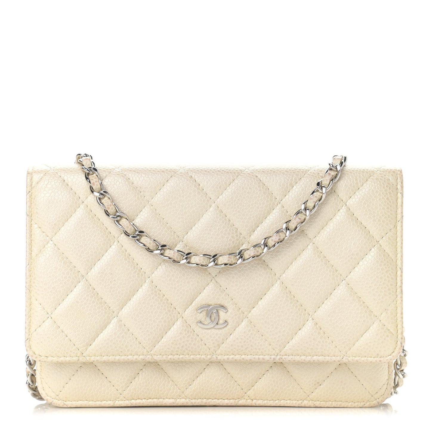 Iridescent Caviar Quilted Wallet On Chain WOC Ivory