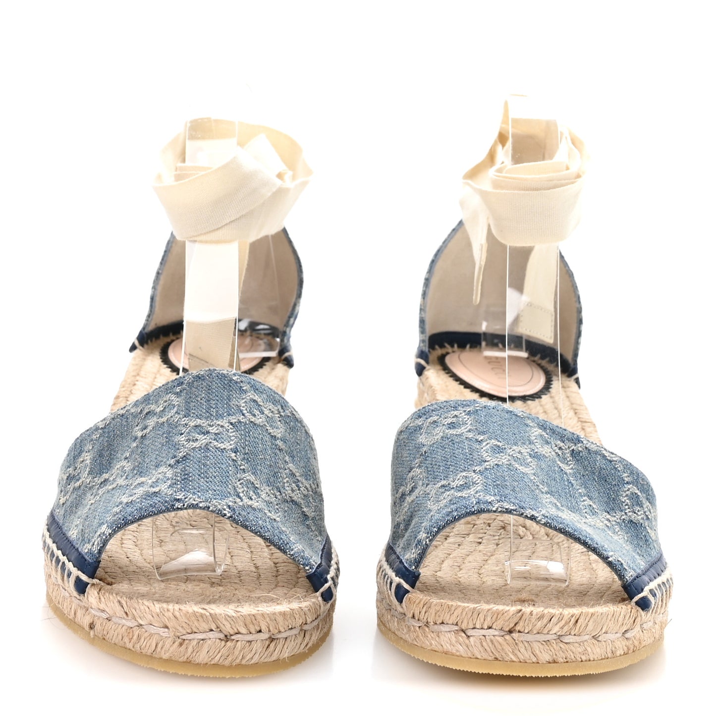 New Denim GG Monogram Pilar Ankle Wrap Espadrille Wedge Sandals 40.5 Light Blue