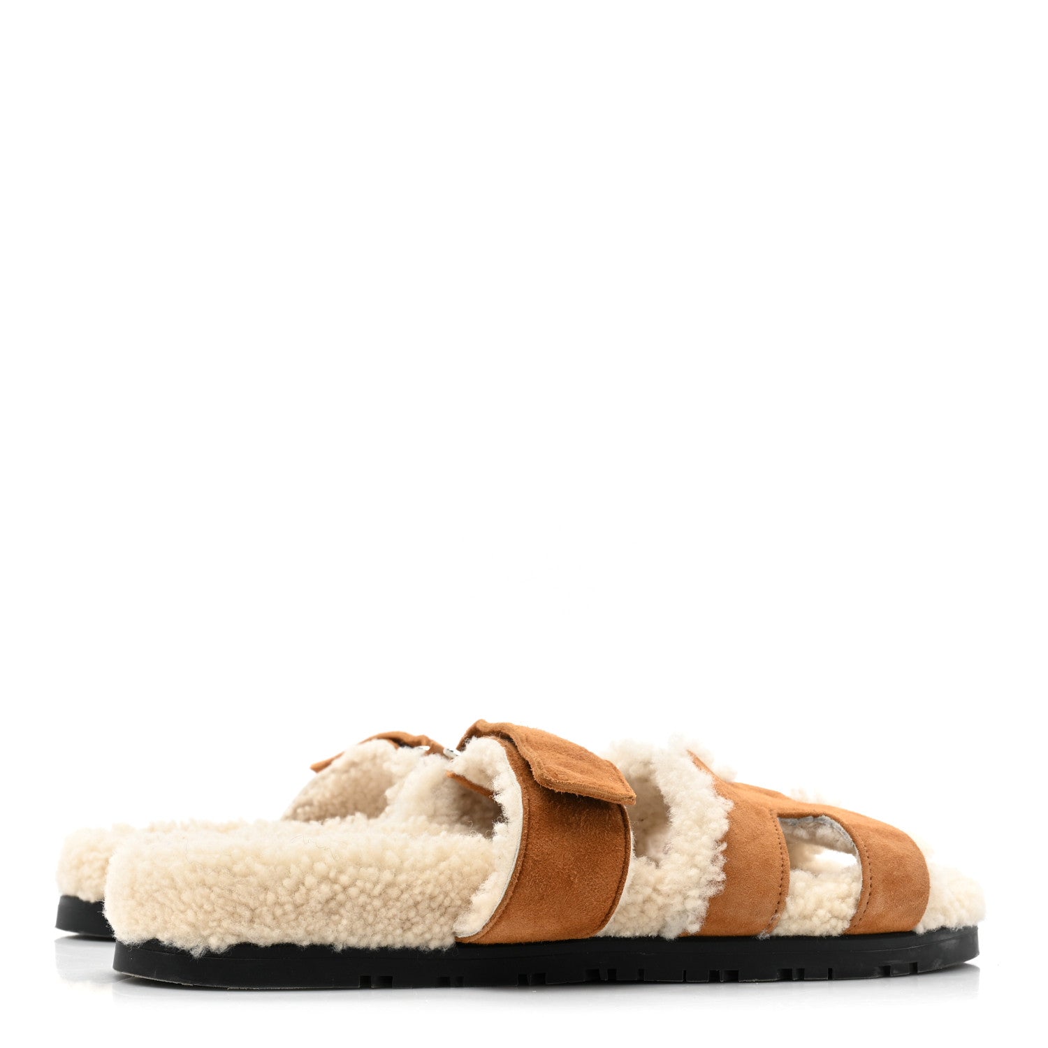 Hermes Suede Goatskin Woolskin Womens Chypre Sandals 38.5 Brun Fume Ecru 5 of 11
