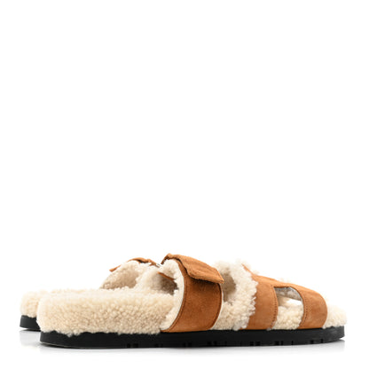 Hermes Suede Goatskin Woolskin Womens Chypre Sandals 38.5 Brun Fume Ecru 5 of 11