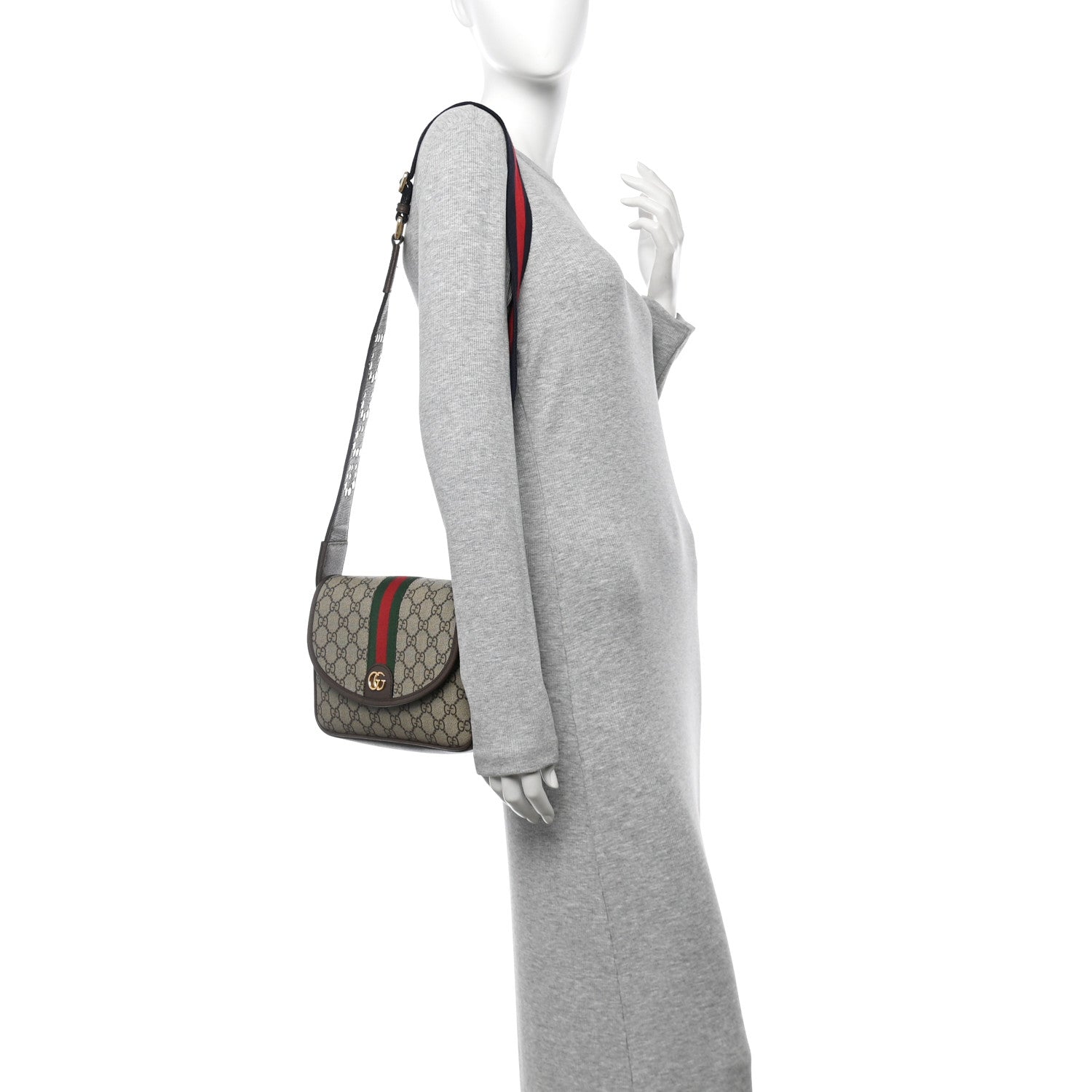 Gucci GG Supreme Monogram Textured Dollar Calfskin Web Studded Mini Ophidia Flap Shoulder Bag Beige Ebony New Acero 2 of 10