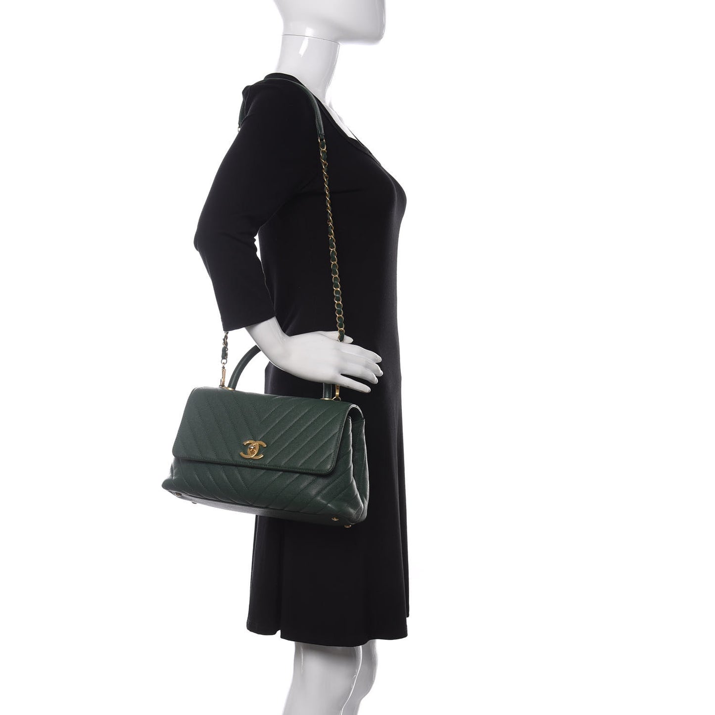 Caviar Chevron Chevron Quilted Small Coco Handle Flap Green