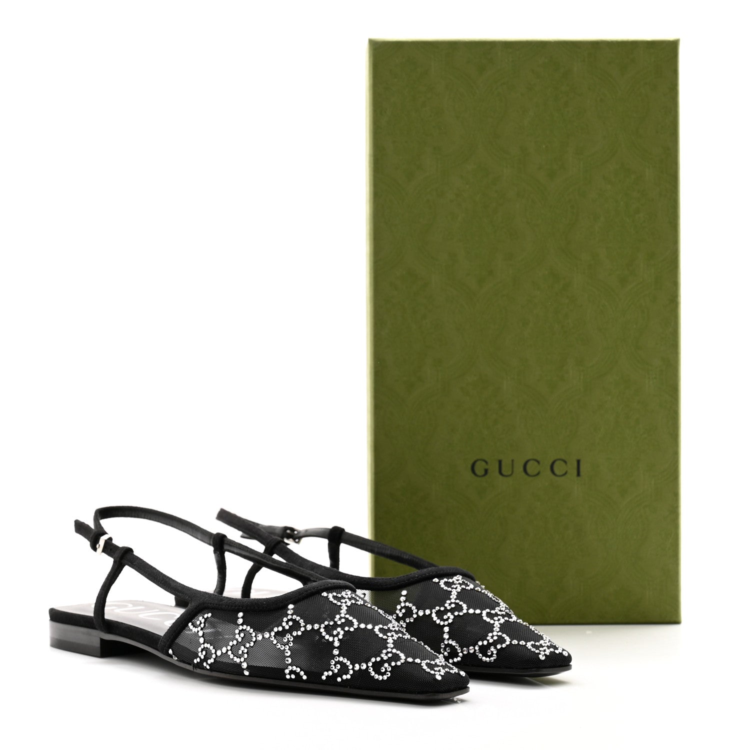 Gucci Tela Retino Kid Scamosciato Crystal GG Monogram Square G Slingback Flat 38 Black 8 of 8