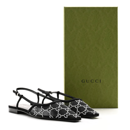 Gucci Tela Retino Kid Scamosciato Crystal GG Monogram Square G Slingback Flat 38 Black 8 of 8